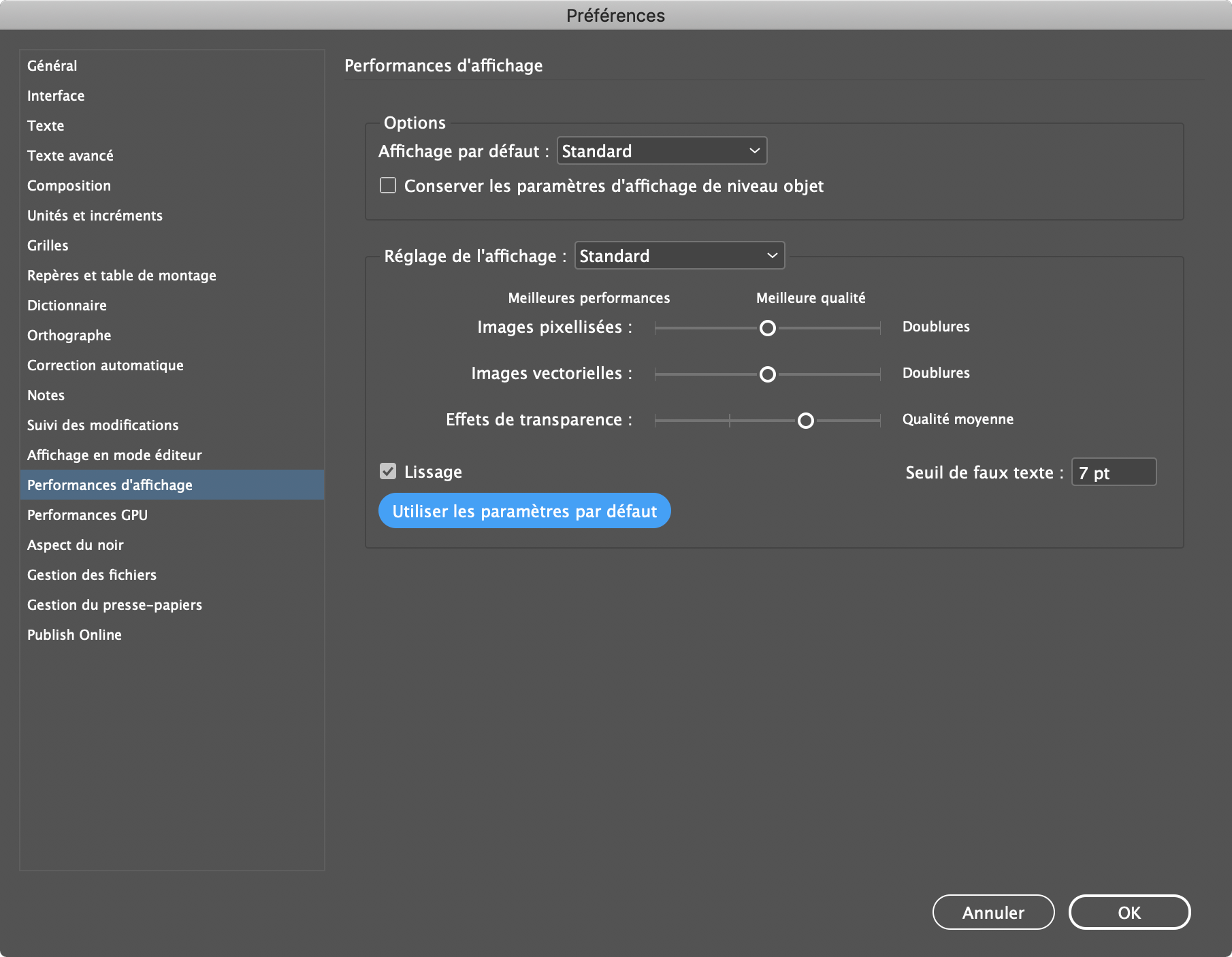 Remettre les performances d'affichage par défaut permet d'optimiser InDesign